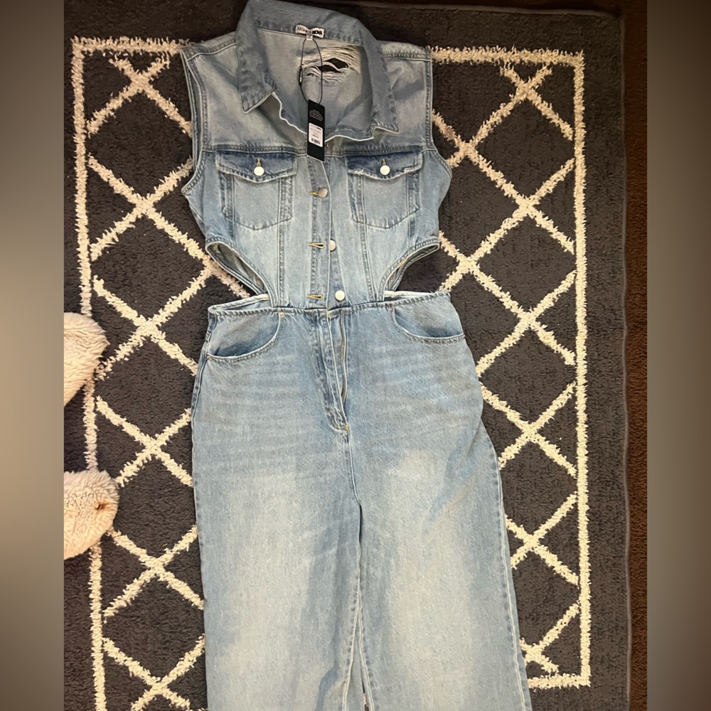 Fashion Nova Light Wash Cutout Denim Jumpsuit - Picture 8 of 10